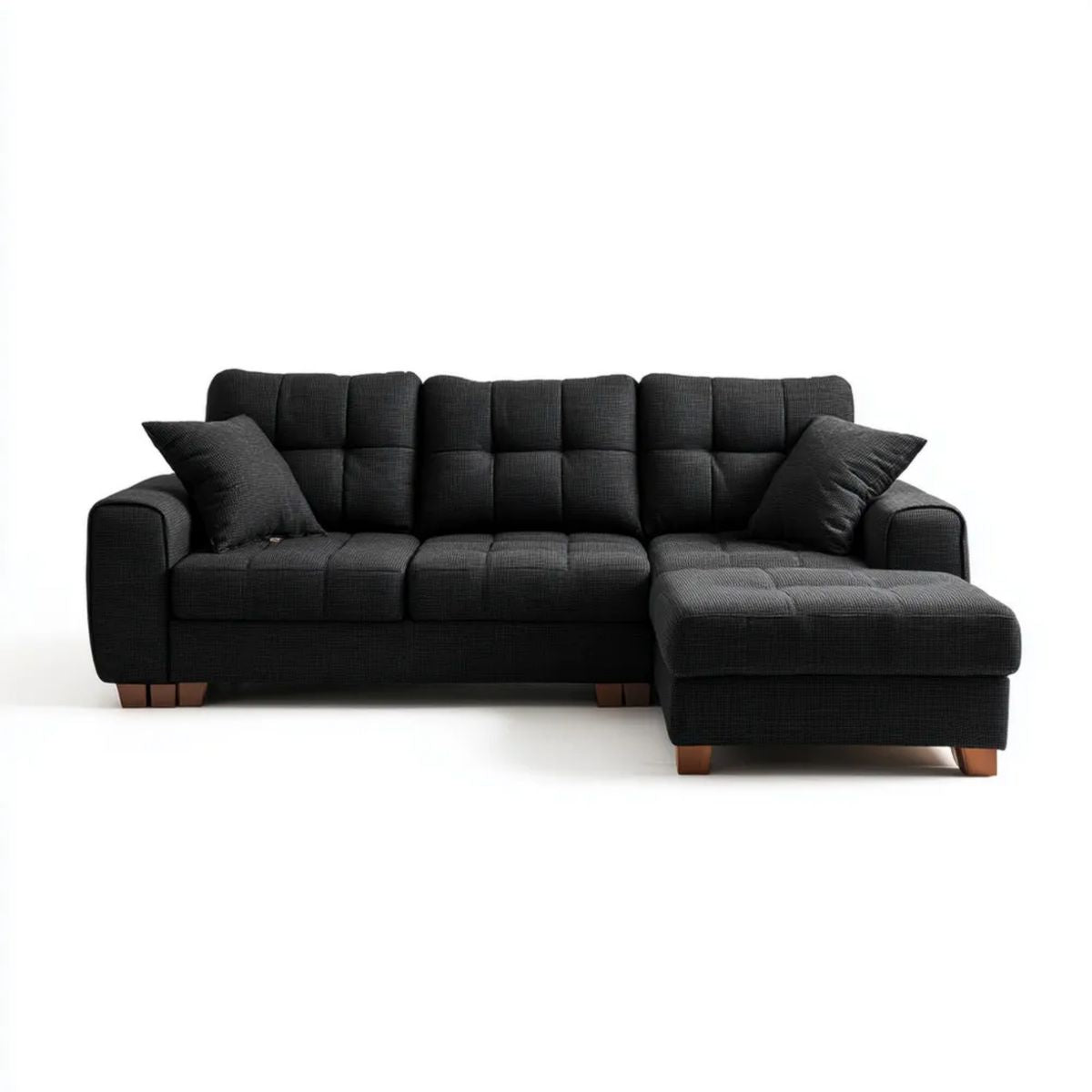 Czarna sofa narożna z prawostronnym szezlongiem, tkanina poliestrowa, kształt L, 250 × 160 × 88 cm