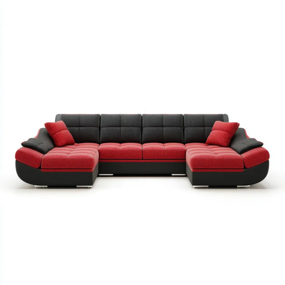 Modułowa sofa w kształcie U czarno-czerwona z tapicerką poliestrową i skórą syntetyczną, 370 x 190 x 90 cm