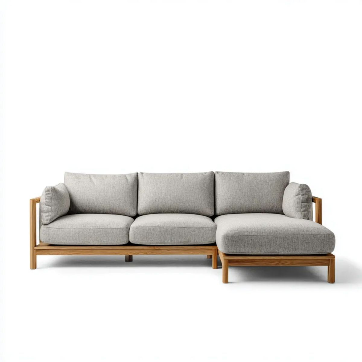 Prawostronna sofa narożna L z szezlongiem, szara, z litego drewna dębowego i poliestru, 260 x 160 x 78 cm