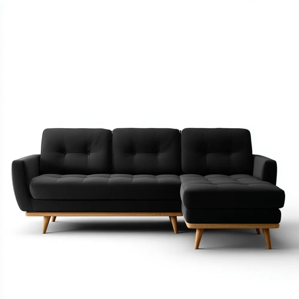Czarna sofa narożna z prawostronnym szezlongiem, tapicerka PU, 260 × 160 × 85 cm