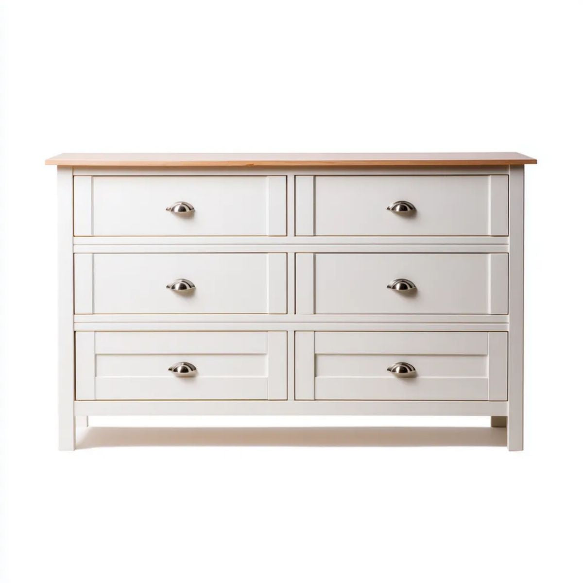 Komoda do sypialni z drewna sosnowego i MDF, biała z blatem w kolorze naturalnego drewna, 120 × 40 × 80 cm, 6 szuflad
