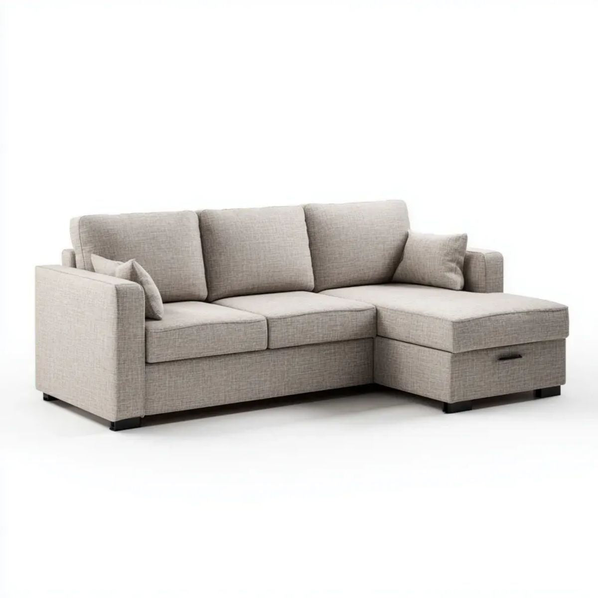 Prawostronna sofa narożna w kształcie L z szezlongiem i schowkiem, jasnoszara, z tkaniny, 250 × 160 × 85 cm