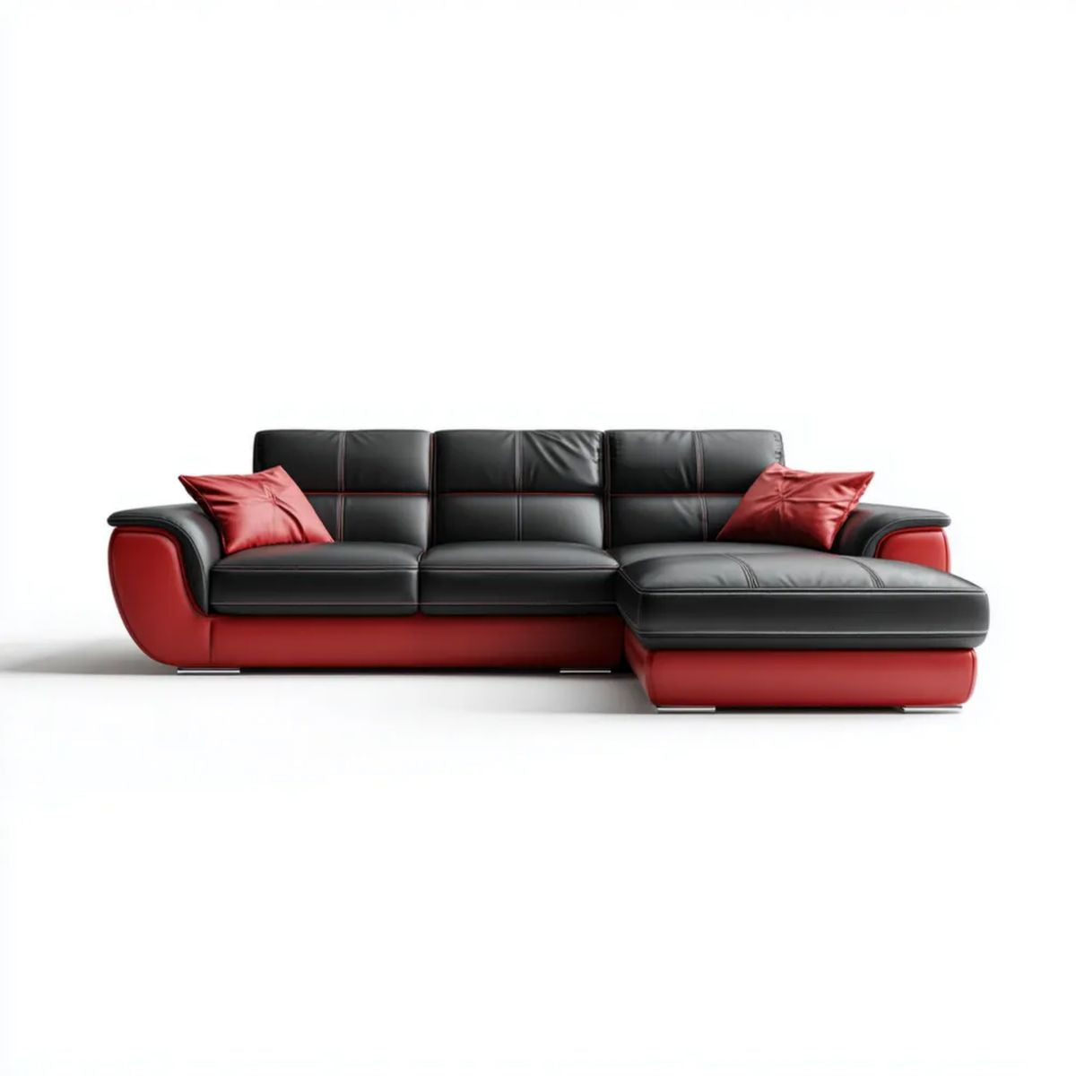 Sofa narożna ze skórzaną tapicerką i prawostronnym szezlongiem, czarno-czerwona, 280 x 165 x 90 cm
