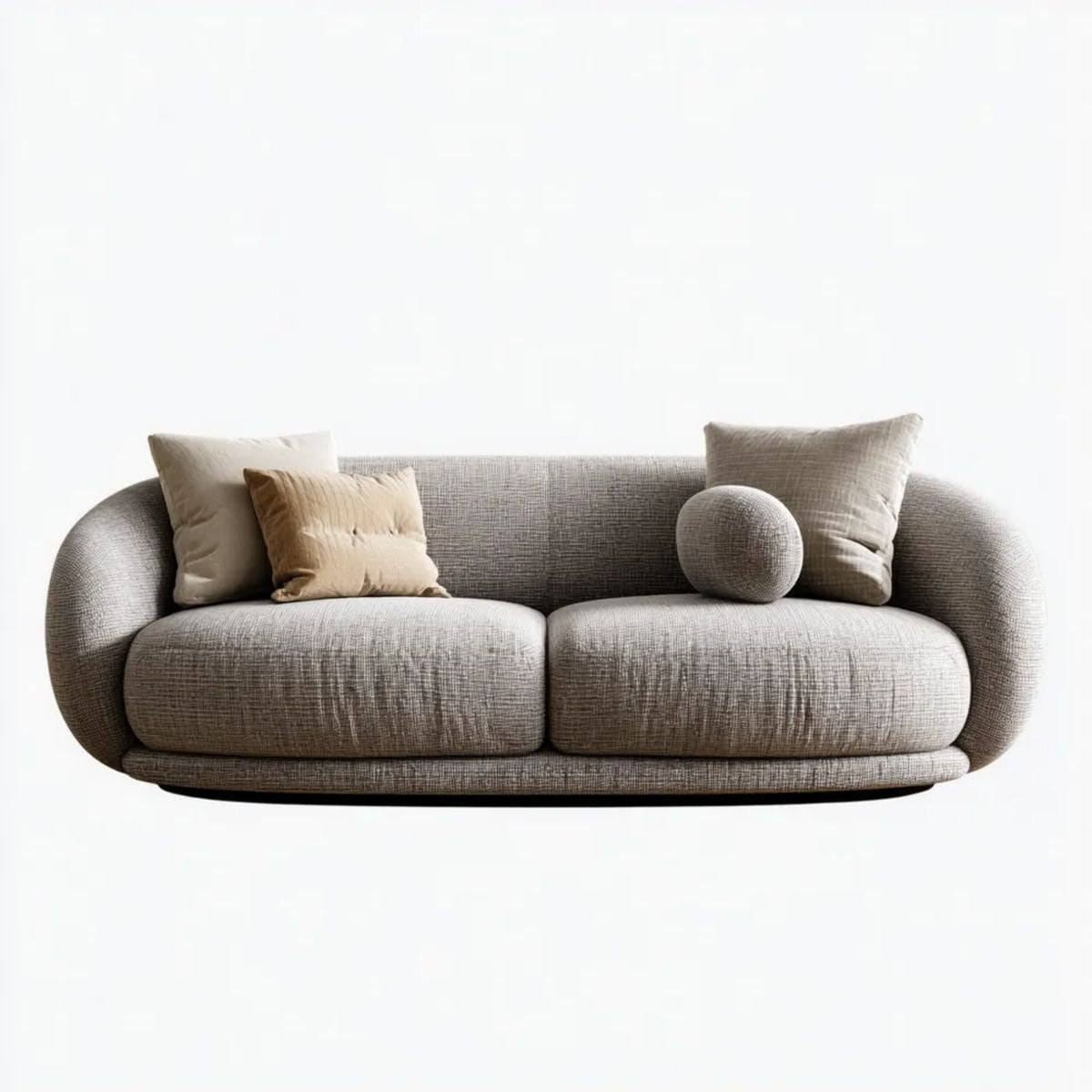 Dwuosobowa sofa szarobeżowa z tapicerką poliestrową 220 x 100 x 75 cm, zaokrąglona