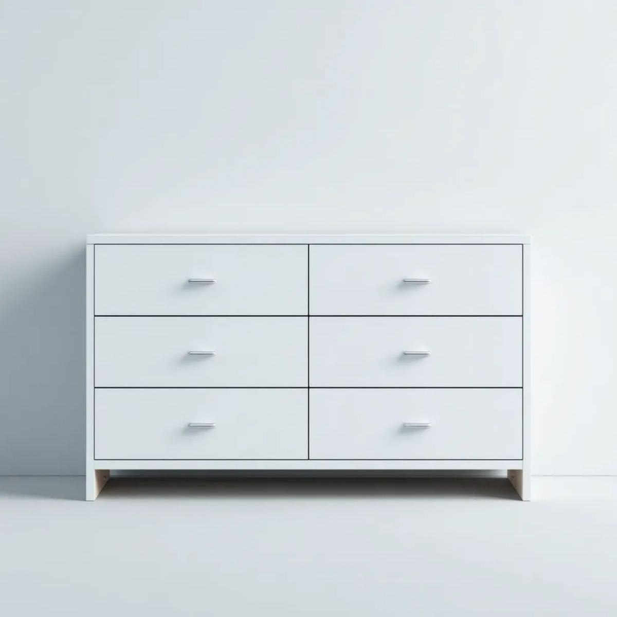 Biała komoda z płyty MDF 120 x 40 x 80 cm, 6 szuflad, srebrne uchwyty