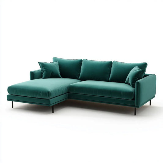 Zielona sofa narożna z lewostronną leżanką z aksamitu, 270 x 165 x 85 cm, w kształcie L