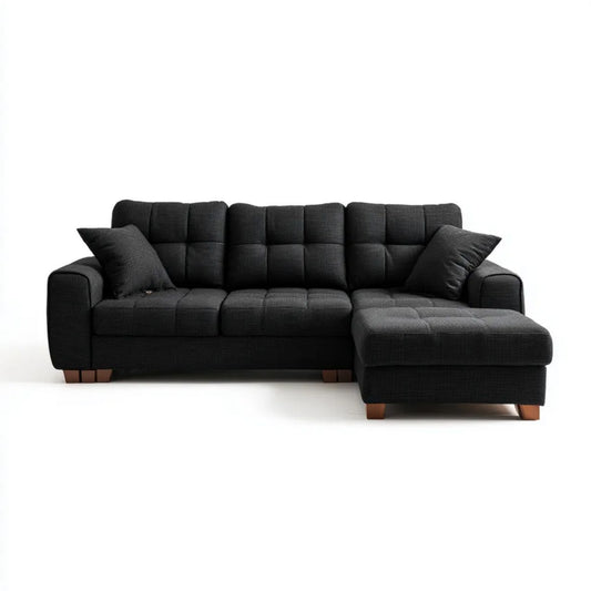 Czarna sofa narożna z prawostronnym szezlongiem, tkanina poliestrowa, kształt L, 250 × 160 × 88 cm