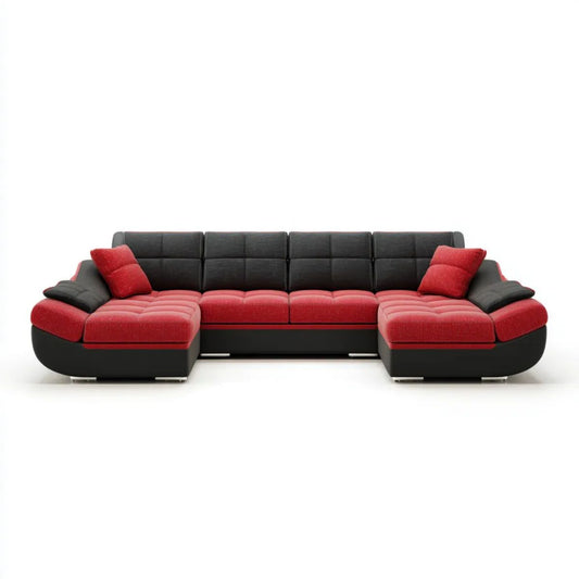 Modułowa sofa w kształcie U czarno-czerwona z tapicerką poliestrową i skórą syntetyczną, 370 x 190 x 90 cm