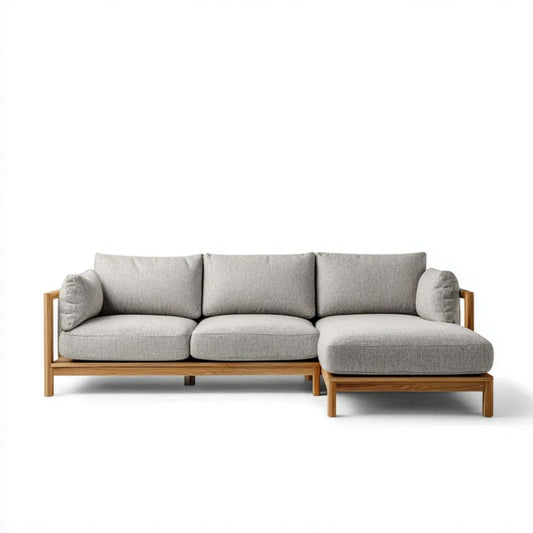Prawostronna sofa narożna L z szezlongiem, szara, z litego drewna dębowego i poliestru, 260 x 160 x 78 cm