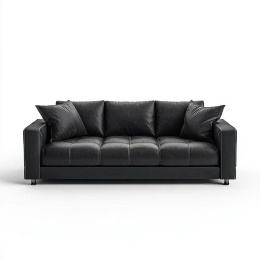 Trzyosobowa sofa z tapicerką PU, czarna, 220 × 92 × 86 cm, z 2 poduszkami