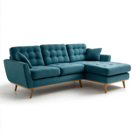 Turkusowa aksamitna sofa narożna z prawostronnym szezlongiem, 250 x 160 x 85 cm