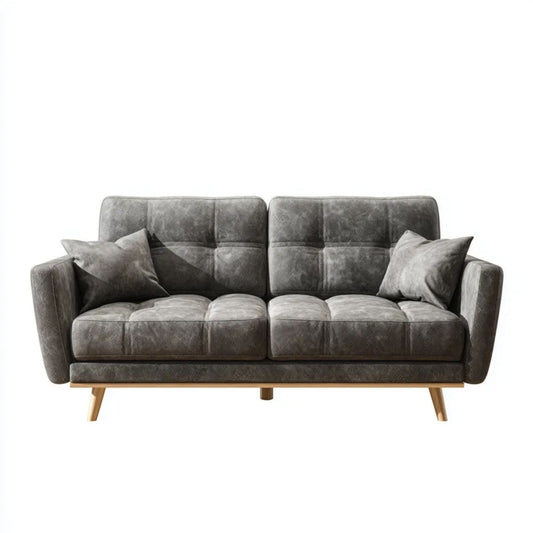 Sofa dwuosobowa szara z aksamitną tapicerką i drewnianymi nogami, 180 x 85 x 85 cm