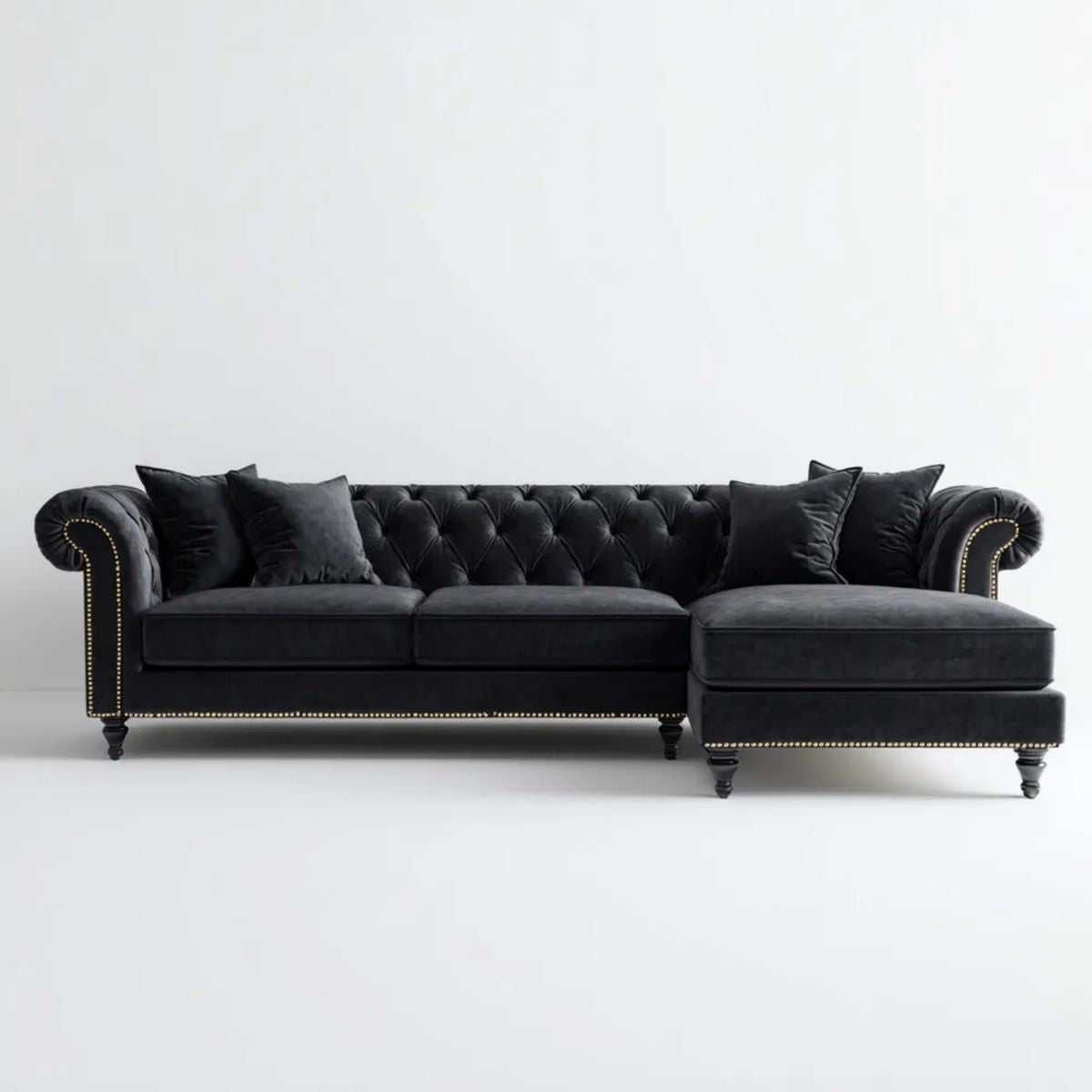 Czarna aksamitna sofa narożna Chesterfield z prawym szezlongiem, 285 x 165 x 78 cm