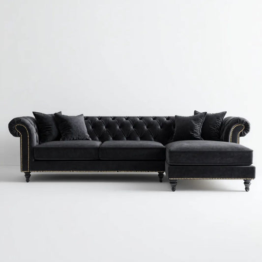 Czarna aksamitna sofa narożna Chesterfield z prawym szezlongiem, 285 x 165 x 78 cm