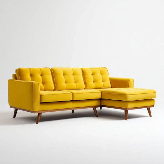 Prawostronna sofa narożna z szezlongiem, żółta, aksamit poliestrowy, 250 × 160 × 85 cm