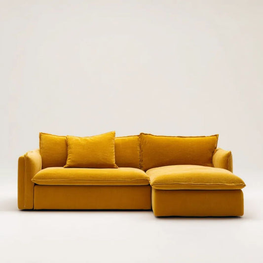 Musztardowa sofa narożna z szezlongiem po prawej stronie, aksamit poliestrowy, kształt L, 240 x 160 x 85 cm