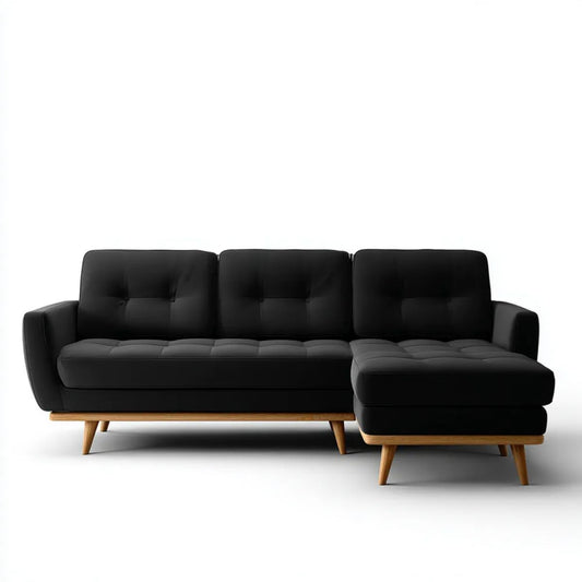 Czarna sofa narożna z prawostronnym szezlongiem, tapicerka PU, 260 × 160 × 85 cm
