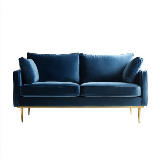 Dwuosobowa sofa granatowa z aksamitu, 180 x 88 x 86 cm, ze złotymi nogami