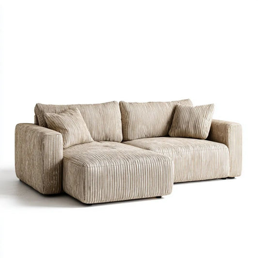 Beżowa sofa narożna w kształcie L z lewostronnym szezlongiem, sztruksowa, 250 x 160 x 85 cm
