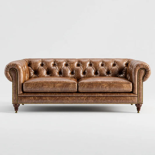 Trzyosobowa sofa Chesterfield z tapicerką PU, brązowa, 225 x 90 x 78 cm