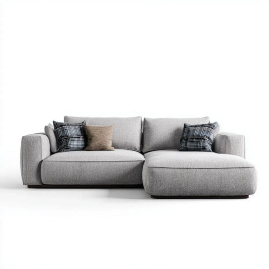 Szara sofa narożna w kształcie L z prawostronnym szezlongiem, tapicerowana poliestrem, 280 x 165 x 85 cm