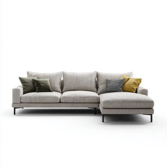 Jasnoszara sofa narożna z prawostronnym szezlongiem z poliestru, 280 × 165 cm, kształt L