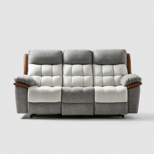 3-osobowa sofa relaksacyjna z funkcją rozkładania, szaro-biało-brązowa, tapicerka PU i poliestrowa, 220 × 95 × 102 cm