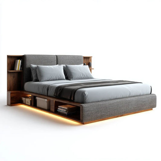 Łóżko podwójne 160 × 200 cm szare z laminowanej płyty MDF, tapicerowanym zagłówkiem, półkami, schowkami i oświetleniem LED
