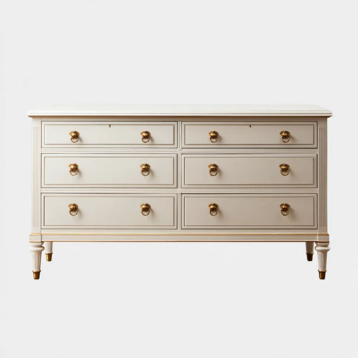 Kremowa komoda z MDF ze złotymi uchwytami, 6 szuflad, 150 × 45 × 90 cm