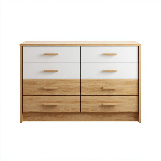 Komoda drewniana z 8 szufladami, biały/dąb naturalny, 140 × 40 × 90 cm