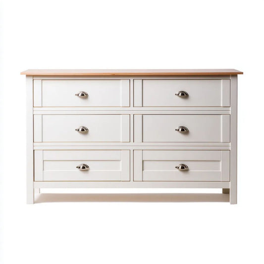 Komoda do sypialni z drewna sosnowego i MDF, biała z blatem w kolorze naturalnego drewna, 120 × 40 × 80 cm, 6 szuflad
