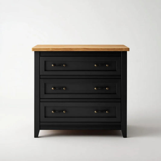 Komoda MDF z 3 szufladami, czarna z dębowym blatem, 90 × 45 × 90 cm