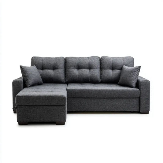 Grafitowa lewostronna sofa narożna z funkcją spania, tapicerowana tkaniną, 230 x 145 x 85 cm