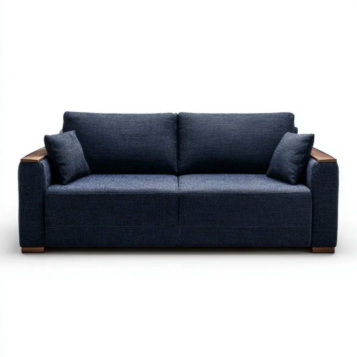 Dwuosobowa sofa z tkaniny granatowa z brązowymi drewnianymi elementami, 180 × 88 × 85 cm