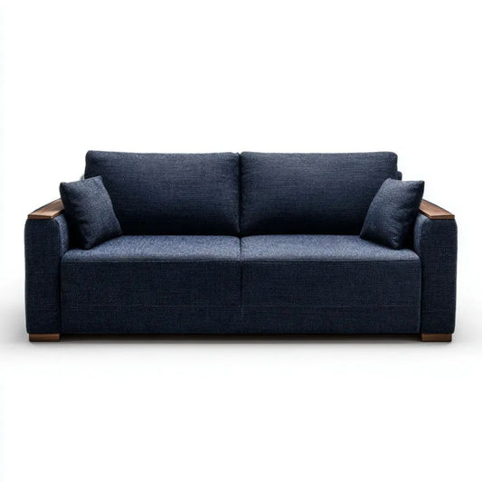 Dwuosobowa sofa z tkaniny granatowa z brązowymi drewnianymi elementami, 180 × 88 × 85 cm