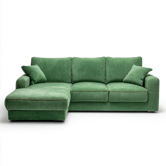 Zielona sofa narożna z lewostronnym szezlongiem z poliestru, kształt L, 260 × 160 × 90 cm