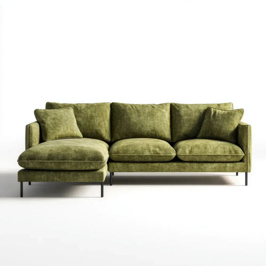 Aksamitowa sofa narożna z lewym szezlongiem, oliwkowozielona/czarna, 250 × 160 × 85 cm
