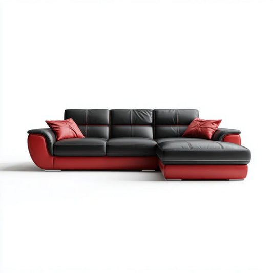 Sofa narożna ze skórzaną tapicerką i prawostronnym szezlongiem, czarno-czerwona, 280 x 165 x 90 cm