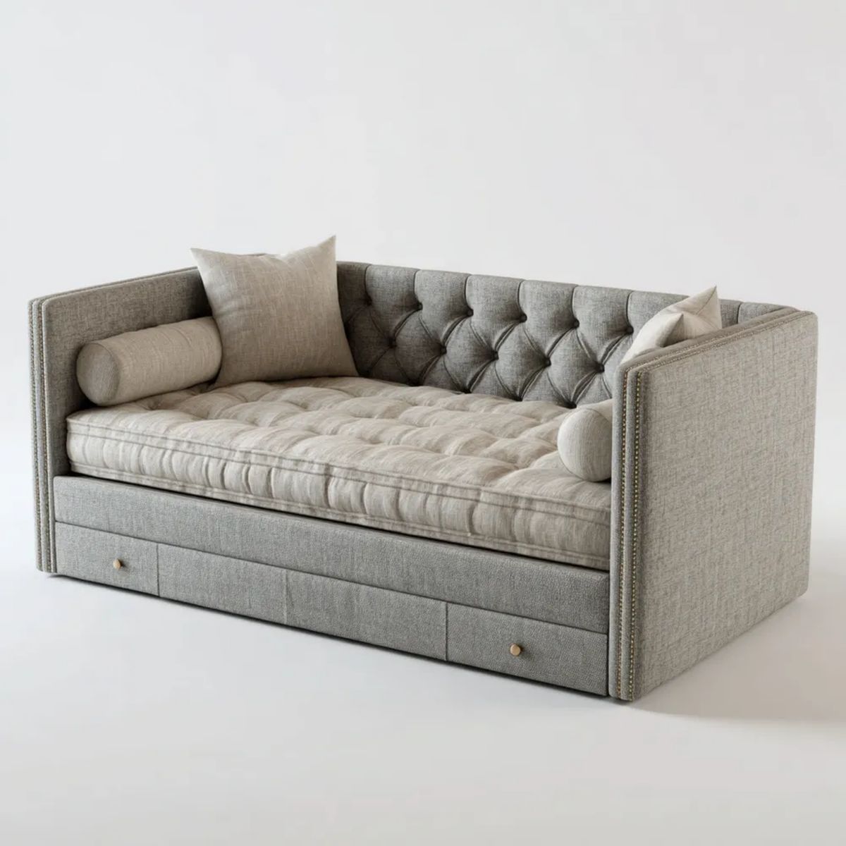 Szara sofa tapicerowana z szufladami i poduszkami, 220 x 100 x 85 cm