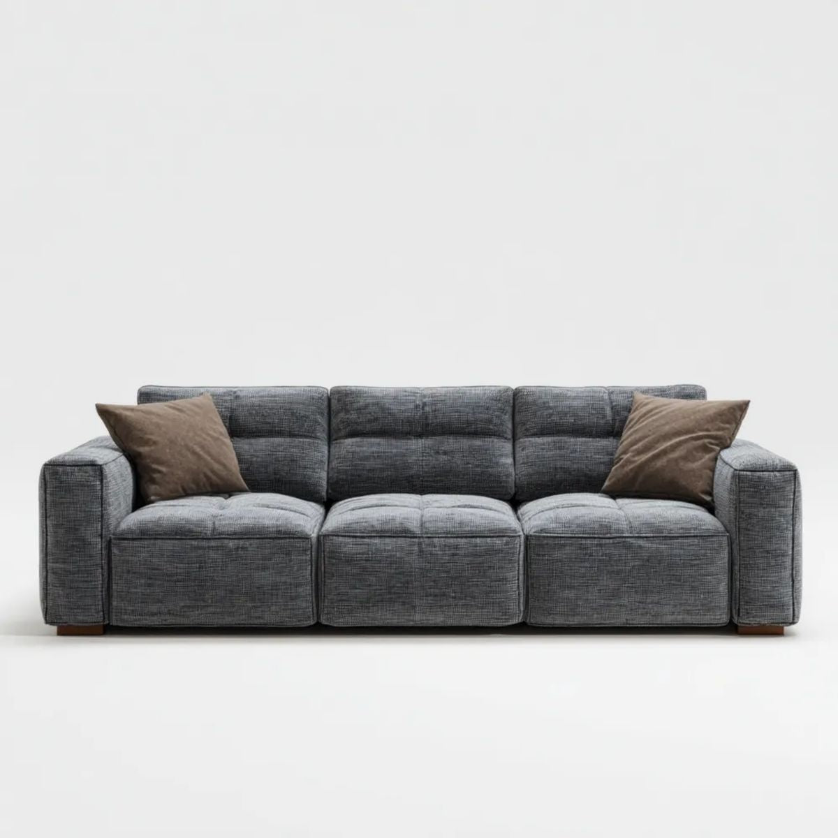 Trzyosobowa sofa z poliestru szara z brązowymi poduszkami, 230 x 95 x 88 cm