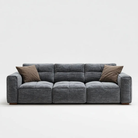 Trzyosobowa sofa z poliestru szara z brązowymi poduszkami, 230 x 95 x 88 cm