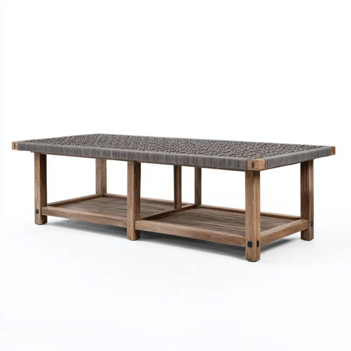 Prostokątny ogrodowy stolik kawowy z drewna akacjowego i rattanu PE brązowo-szary 120 x 60 x 45 cm