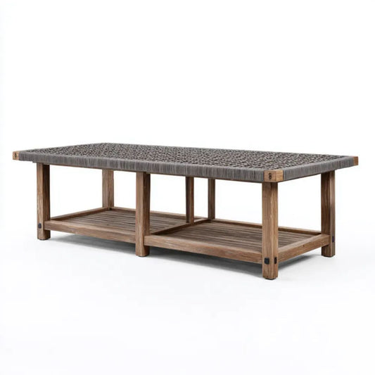 Prostokątny ogrodowy stolik kawowy z drewna akacjowego i rattanu PE brązowo-szary 120 x 60 x 45 cm